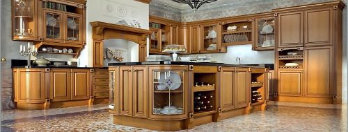 تصویری از کابینت روکش چوب کرم پتینه طلایی
